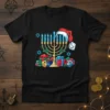 Christmas Hanukkah Fusion t-shirt design with a menorah wearing a Santa hat, surrounded by dreidels and gifts, festive blue and