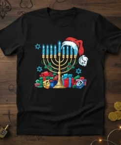 Christmas Hanukkah Fusion t-shirt design with a menorah wearing a Santa hat, surrounded by dreidels and gifts, festive blue and