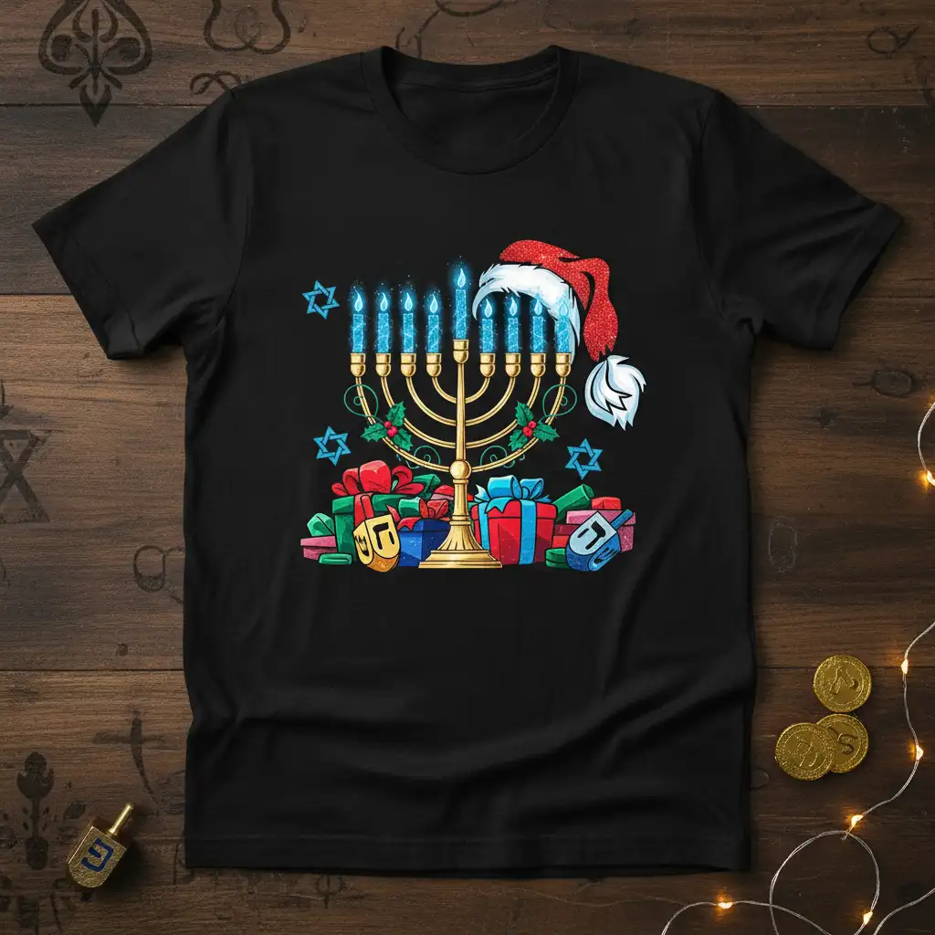 Christmas Hanukkah Fusion t-shirt featuring a menorah with Santa hat, dreidels, and gifts, festive holiday celebration design