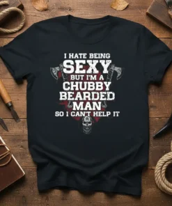 I Hate Being Sexy But I'm A Chubby Bearded Man So I Can't Help It quote on a black t-shirt