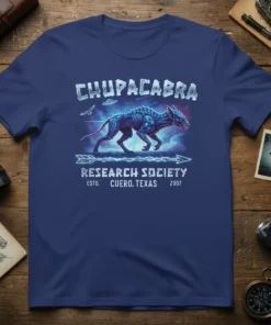Chupacabra Research Society Cuero Texas t-shirt design featuring a blue cryptid creature, UFOs, and lightning arrows