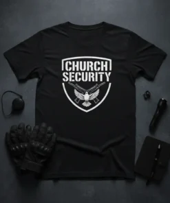 Black t-shirt with white "CHURCH SECURITY" text and emblem of a dove with crossed rifles