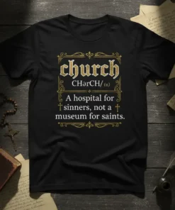 Black t-shirt with "Church: A hospital for sinners, not a museum for saints" quote in gold and white typography