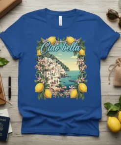 Blue t-shirt with "Ciao bella" text, surrounded by lemons and flowers, depicting an Italian coastal town scene