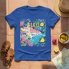 Blue t-shirt with "CIAO bella" text and a colorful Italian coastal village illustration with lemons and flowers