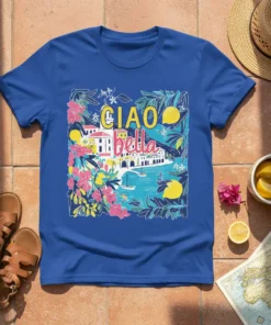 Blue t-shirt with "CIAO bella" text and a colorful Italian coastal village illustration with lemons and flowers