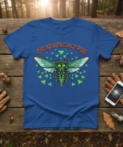 Cicadapocalypse t-shirt design featuring a large, colorful cicada with wings spread, surrounded by smaller green cicadas