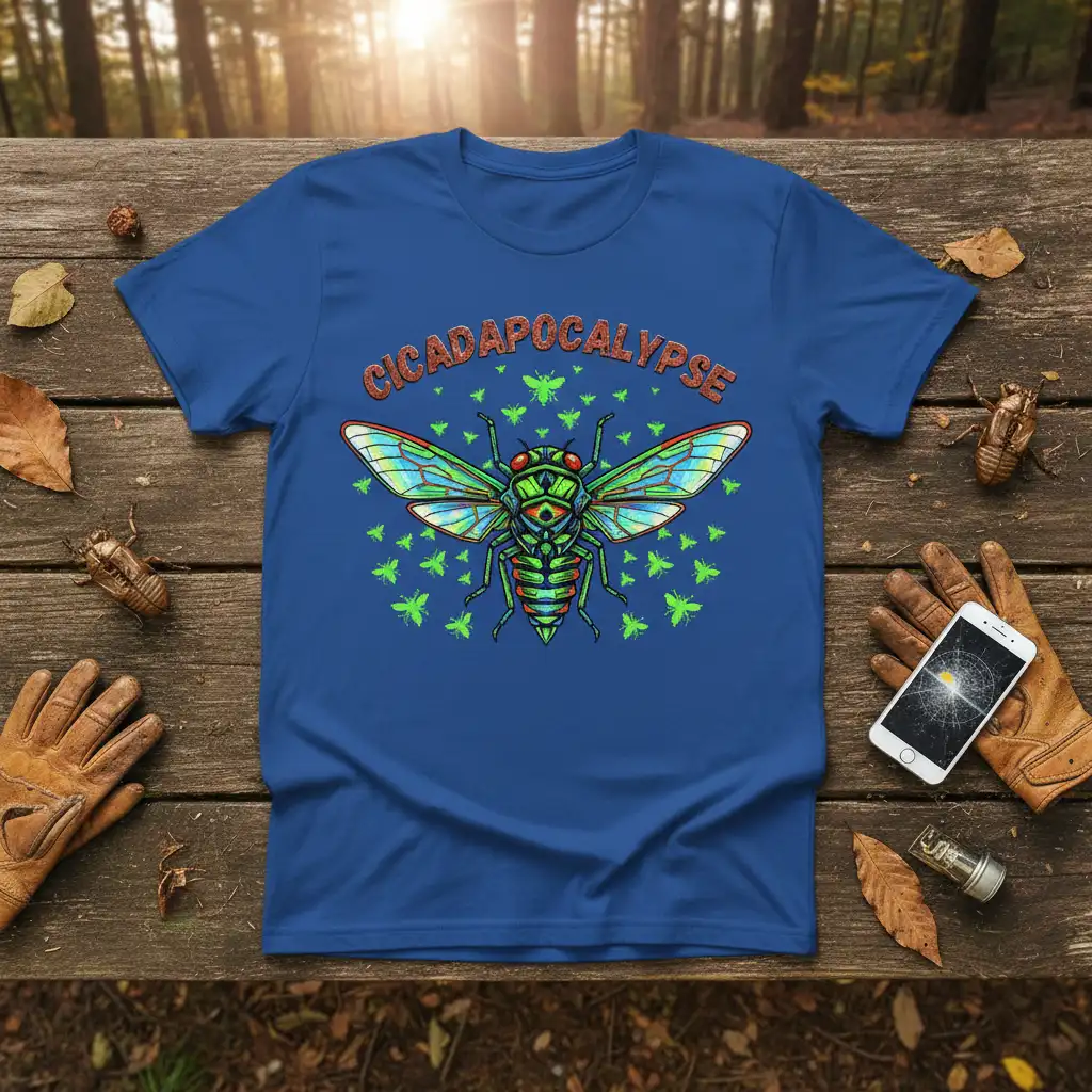 Cicadapocalypse t-shirt design with large, detailed cicada graphic and surrounding green cicada illustrations