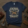 Navy t-shirt with "CIGARS ARE MY THERAPY" text and crossed cigar graphic