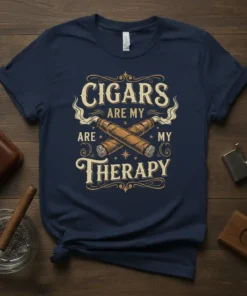 Navy t-shirt with "CIGARS ARE MY THERAPY" text and crossed cigar graphic