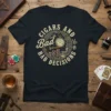 Cigars and Bad Decisions text on a dark t-shirt with vintage cigar, pocket watch, and poker chips graphic