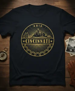 Cincinnati Ohio skyline design with text "OHIO" and "CINCINNATI" in a circular golden graphic