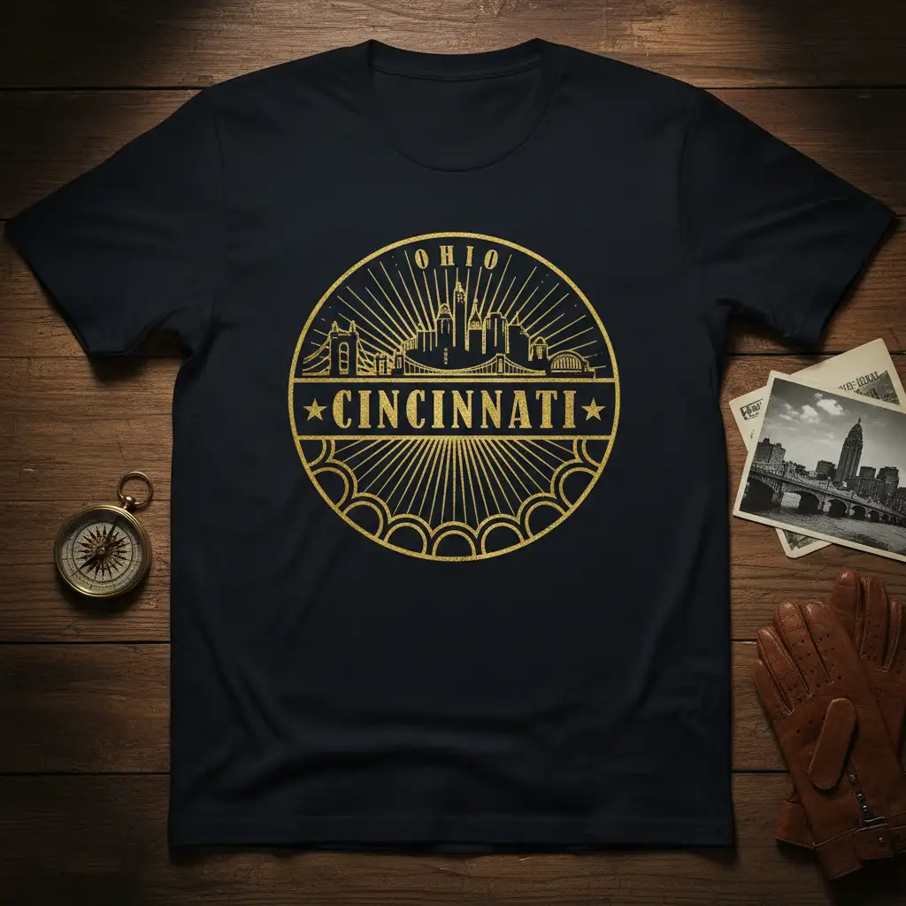Cincinnati Ohio skyline graphic tee featuring retro circular design with golden sunburst and city name