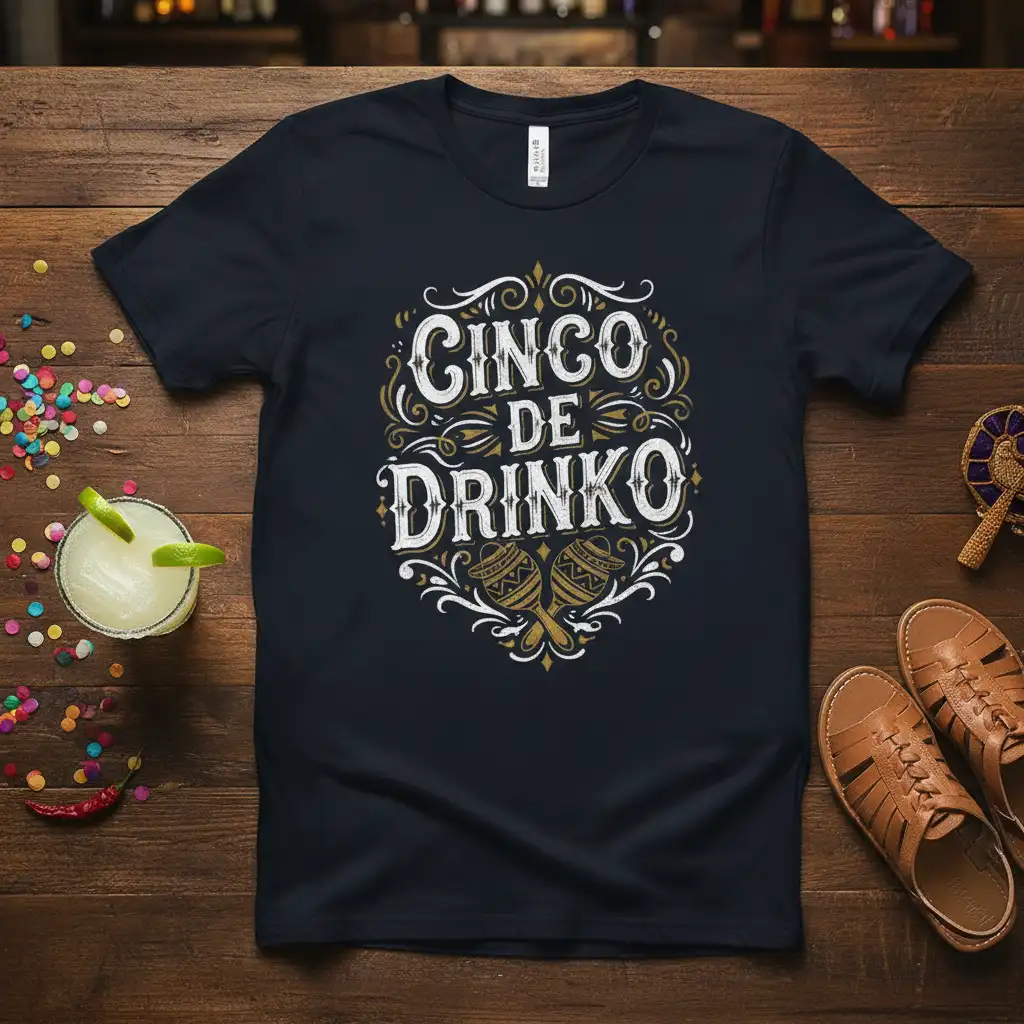 Cinco de Drinko t-shirt design with decorative text and maracas graphic for fiesta parties