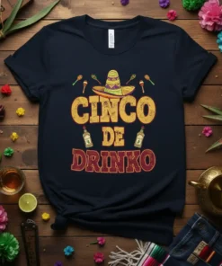 Cinco De Drinko t-shirt design with sombrero, maracas, and tequila bottles in a vintage distressed style