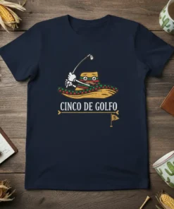 Cinco de Golfo t-shirt design featuring a golf ball character wearing a sombrero and swinging a golf club