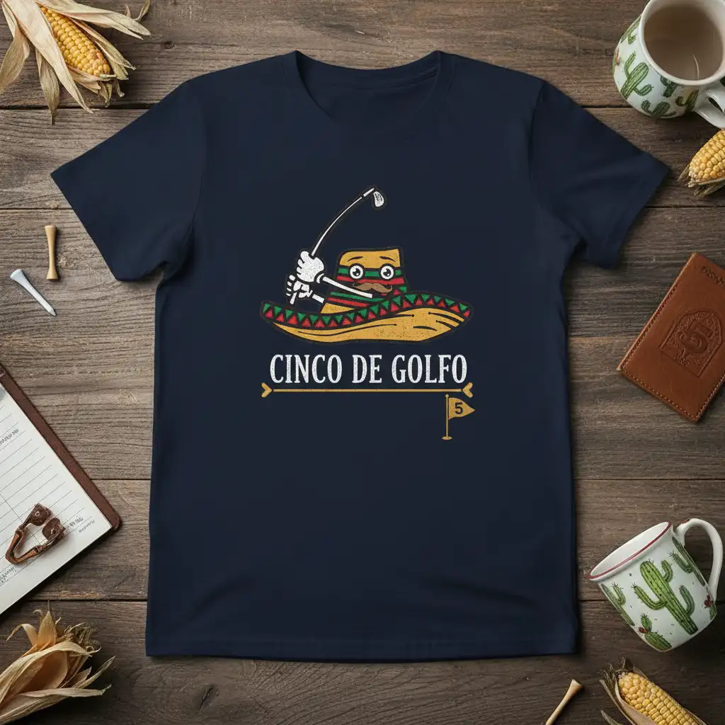 Cinco de Golfo t-shirt design with a sombrero-wearing golf ball character swinging a club
