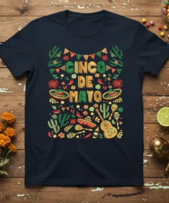 Cinco de Mayo text surrounded by festive Mexican graphics including cacti, sombreros, chili peppers, and maracas on a navy t-shirt
