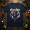 Cinco de Mayo t-shirt design with a skeleton mariachi character juggling colorful bottles and glowing neon rings