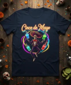 Cinco de Mayo t-shirt design with a skeleton mariachi character juggling colorful bottles and glowing neon rings