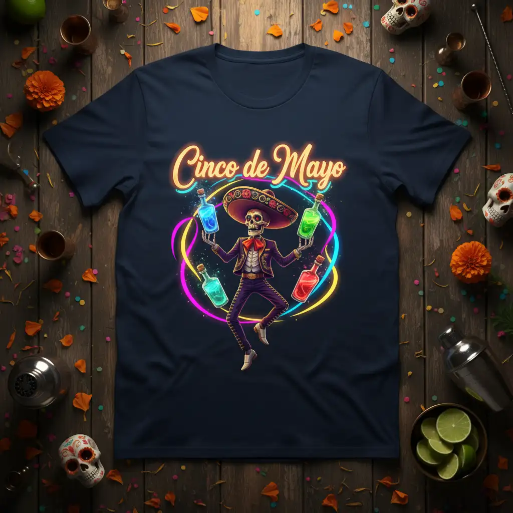 Cinco de Mayo skeleton mariachi design with neon rings and colorful juggling bottles on a navy t-shirt