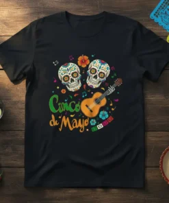 Cinco de Mayo t-shirt with two sugar skulls, an acoustic guitar, and festive elements