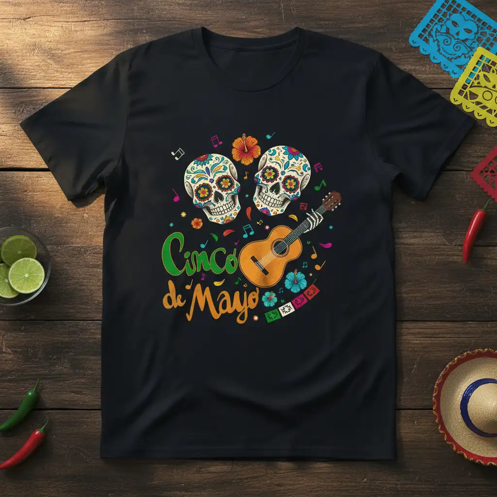 Cinco de Mayo t-shirt design featuring two colorful sugar skulls and an acoustic guitar