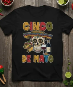 Cinco de Mayo t-shirt with a colorful sugar skull wearing a sombrero, holding tacos, and a glass of wine