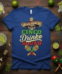 Cinco Drinko Squad t-shirt design with skull wearing sombrero and maracas, festive text for Cinco de Mayo