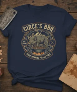 Circe's BBQ Prize Winning Pulled Pork T-Shirt featuring a pig on a grill, "Circe's BBQ Est. 700 BC", and "Prize