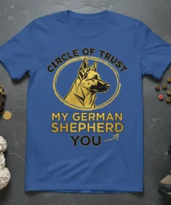 German Shepherd "Circle of Trust My German Shepherd You" text design with dog portrait on blue t-shirt