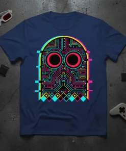Circuit board ghost t-shirt with retro gaming and glitch art design, featuring vibrant colors and electronic patterns