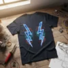 Black t-shirt featuring two vibrant blue and red circuit board lightning bolts, Circuit Lightning Bolts design