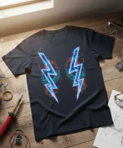 Black t-shirt featuring two vibrant blue and red circuit board lightning bolts, Circuit Lightning Bolts design