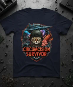 Circumcision Survivor t-shirt featuring a cat in a military helmet with a jet and salami, bold text reading CIRCUMCISION SURVIVOR