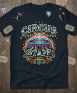 CIRCUS STAFF text on a navy t-shirt with a graphic of a colorful circus tent and decorative elements, suggesting carnival