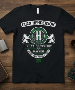 Clan Henderson Kilts Whisky Mayhem Since The Middle Ages T-Shirt design with Scottish crest elements and plaid