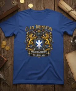 Clan Johnston Wreaking Havoc Since The Middle Ages t-shirt with Scottish crest, lions, and swords graphic