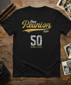 Class Reunion 1974 50 Years Later t-shirt with retro gold and white distressed text