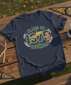Vintage Class of 1975 Reunion t-shirt with bold text and laurel wreath graphic