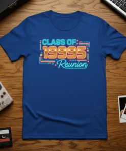 Retro neon t-shirt design that says "CLASS OF: 1995 Reunion" in vibrant colors
