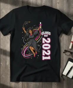 Class of 2021 graduation t-shirt design featuring a joyful graduate in cap and gown holding a diploma