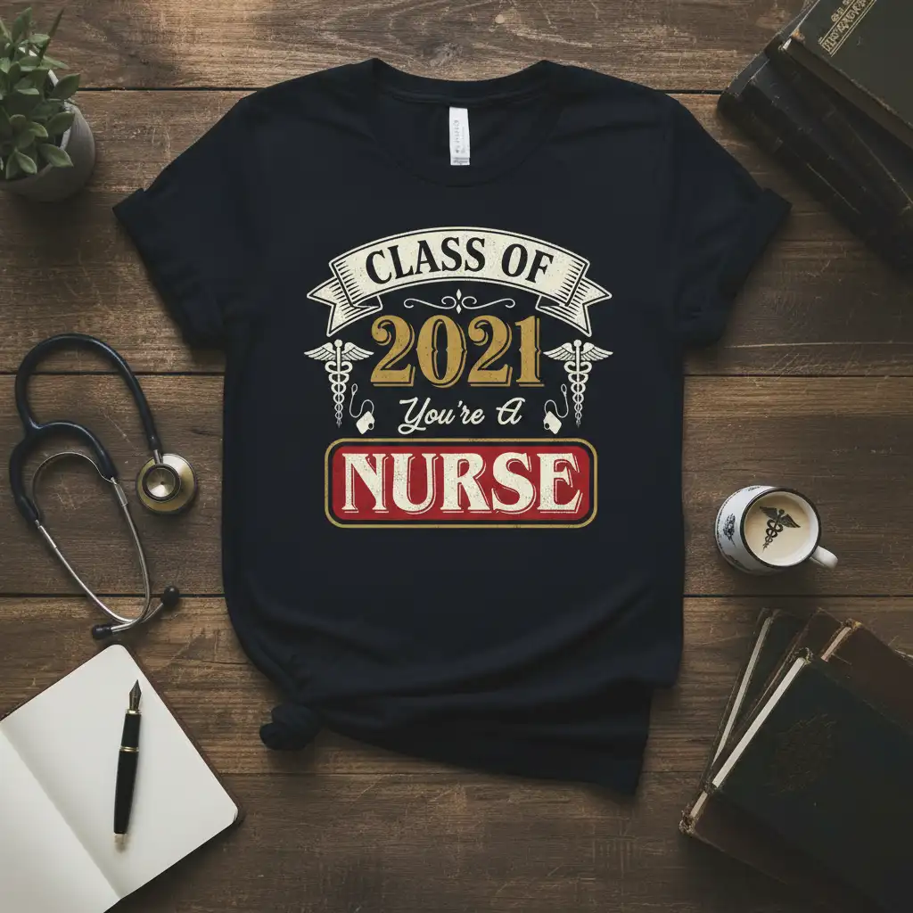 Class of 2021 You're a Nurse graduation t-shirt design featuring vintage banner and caduceus symbols