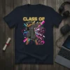 Class of 2022 t-shirt featuring a dabbing graduate in cap and gown, bold text, and vibrant background graphics