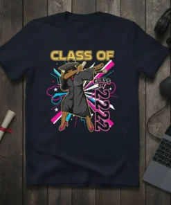 Class of 2022 t-shirt featuring a dabbing graduate in cap and gown, bold text, and vibrant background graphics
