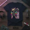 Class of 2022 graduation t-shirt design with a dabbing graduate and colorful equalizer background