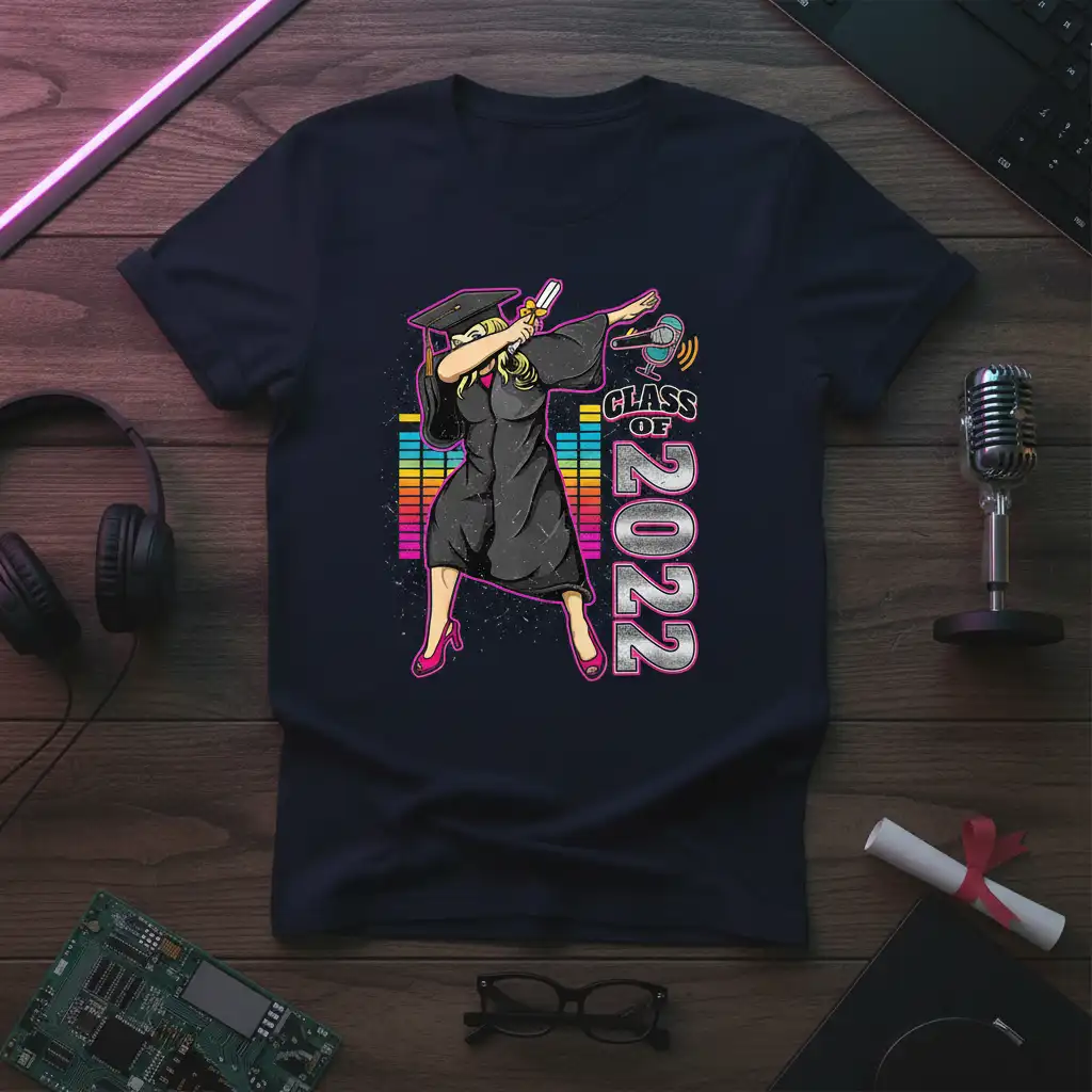Class of 2022 graduation t-shirt with a dabbing student and retro equalizer graphic