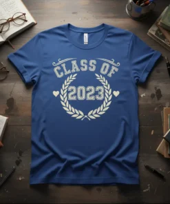Class of 2023 graduation t-shirt with laurel wreath and hearts design