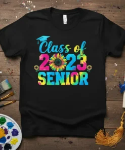 Class of 2023 SENIOR text with graduation cap and sunflower graphic on a tie-dye background