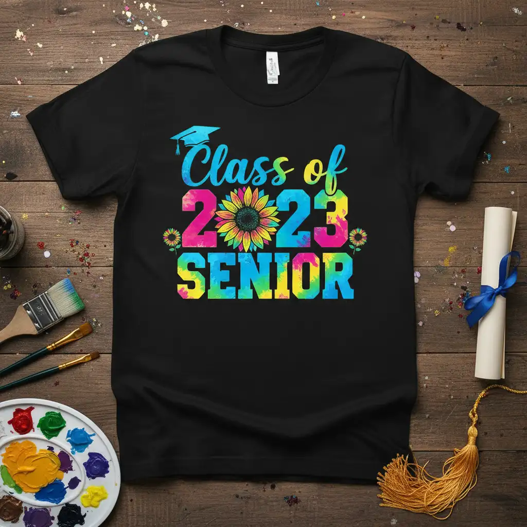 Class of 2023 SENIOR graduation t-shirt with tie-dye colors and sunflower accents
